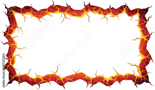 A fiery frame with molten lava cracks on a white background for graphic design use