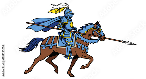 Medieval Knight Riding Horse with Spear Vector Illustration, Blue Armor Warrior Character in Dynamic Action Pose for Fantasy Gaming and Heraldic Design