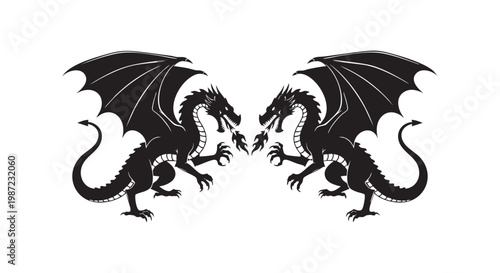 Two dragons facing each other with open wings and breathing fire fantasy creature silhouettes for heraldic design layout.