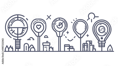 A linear illustrated landscape with various symbols including a target, heart, checkmark, bubble, and lightbulb