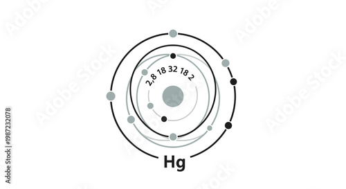 Mercury Atom Structure Vector Illustration, Scientific Bohr Model Diagram with Electron Shell Configuration for Chemistry Education and Atomic Research