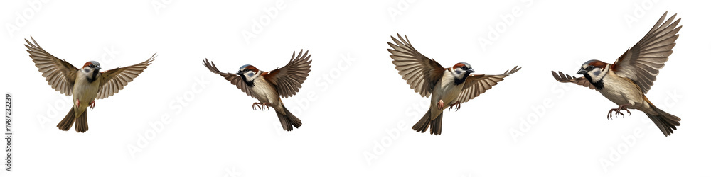 Fototapeta premium Eurasian Tree Sparrow in Flight – Set of Four Action Poses – Flying Passer Montanus Isolated on White Background – Small Brown Bird Wing Action Sequence for Graphic Design