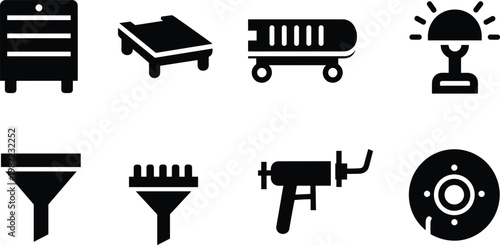 Workshop and garage tools silhouette vector icon set featuring tool cabinet creeper trolley desk lamp funnels grease gun and brake disc isolated on white background