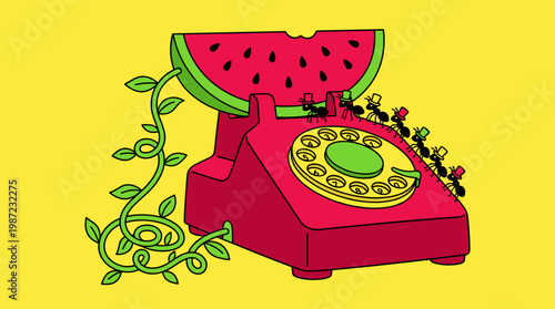 Vintage Rotary Telephone with Watermelon Handset and Ants in Top Hats, Pop Surrealism Flat Illustration with Bold Outlines