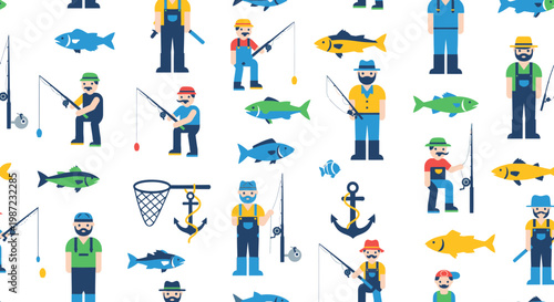 Fishermen and Fish Seamless Pattern Vector Illustration, Flat Style Graphic Featuring Anglers with Fishing Rods, Nets, and Anchors for Marine Themed Backgrounds