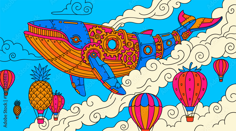 Fototapeta premium Massive Mechanical Whale Soaring With Fruit Hot Air Balloons Pop Surrealism Flat Illustration With Bold Outlines