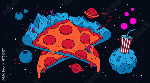 Cosmic Pizza Slice and Space Food Planets Pop Surrealism Flat Illustration with Bold Outlines