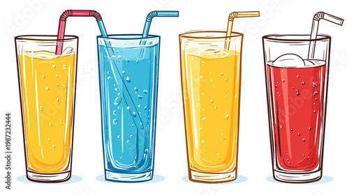 Four tall glasses of colorful beverages, each with a straw, showcasing different liquid shades and bubbles