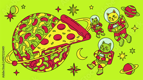 Pizza Spaceship Orbiting Jelly Bean Planet With Astronaut Cats Pop Surrealism Flat Illustration Bold Outlines