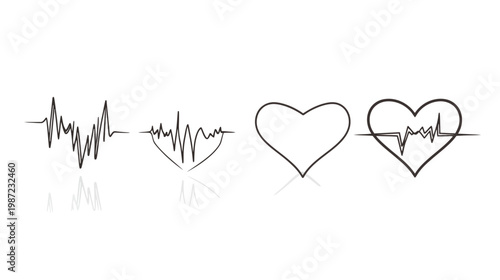 Linear drawings of pulse, heart shapes, and electrocardiogram reflections on a white background