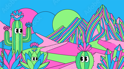 Surreal Desert Landscape With Eye Succulents And Candy Mountains Pop Surrealism Flat Illustration Bold Outlines