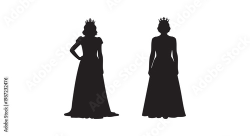 Two elegant queens in silhouette wearing crowns and formal dresses.