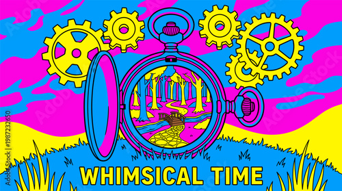 Antique Pocket Watch Forest Scene Pop Surrealism Flat Illustration with Bold Outlines and Vibrant Saturated Colors