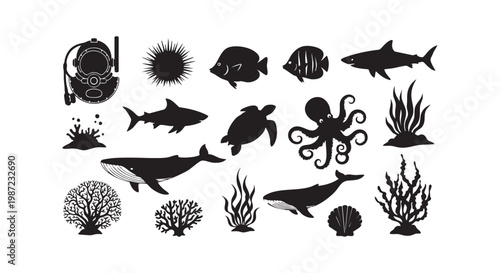 Underwater scene silhouettes featuring marine life like whales sharks octopus and coral, depicting ocean ecosystem.