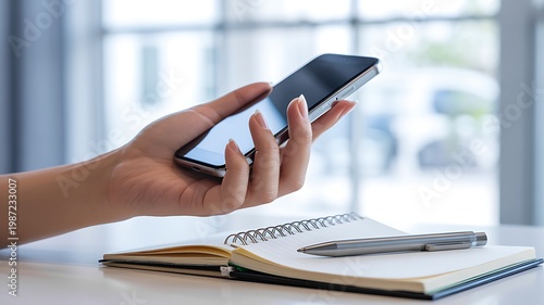 A womans hand holding a smartphone next to a spiral notebook and silver pen