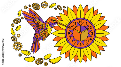 Mechanical Hummingbird and Clockwork Sunflower, Pop Surrealism Flat Illustration with Bold Outlines