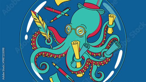 Octopus Librarian with Book Suction Cups in Air Bubble, Pop Surrealism Flat Illustration with Bold Outlines