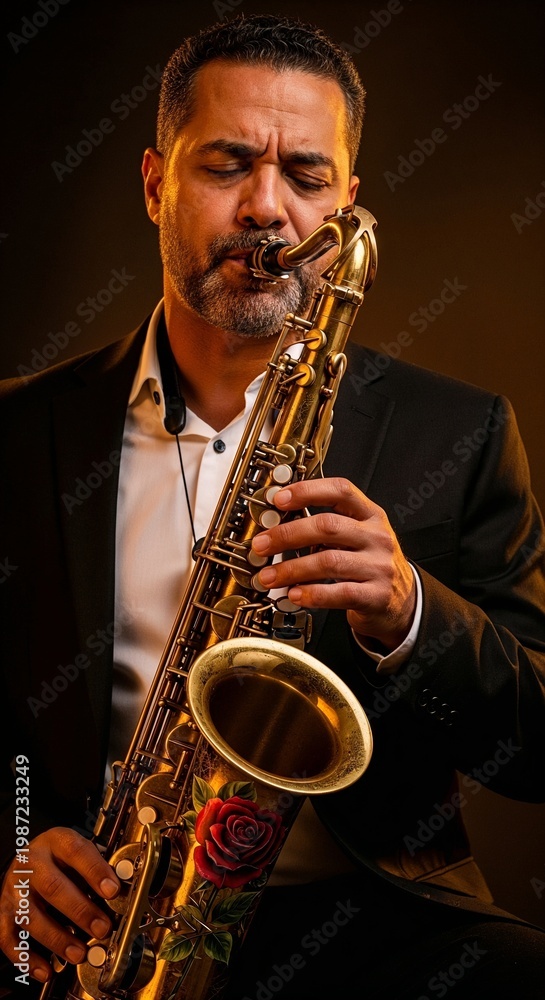 Obraz premium Man playing saxophone with a rose design on the instrument