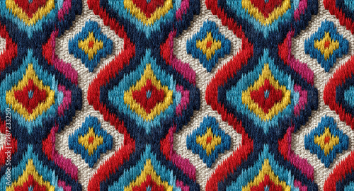 Seamless ikat textile pattern with bold geometric tribal shapes colorful woven fabric ethnic repeating background texture
