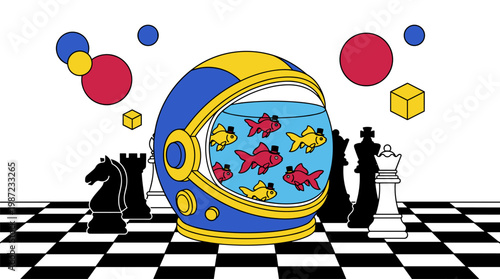 Astronaut Helmet Fishbowl with Top Hat Goldfish Pop Surrealism Flat Illustration with Bold Outlines