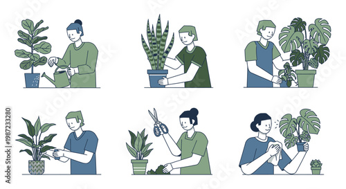 People taking care of houseplants illustration set.