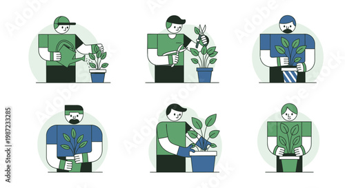 People engaging with plants and gardening activities.