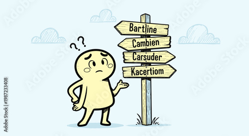 A cartoon character confused at a signpost.