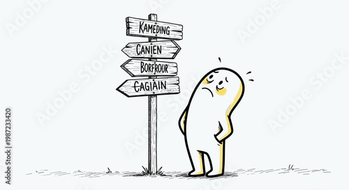 Confused cartoon character at crossroads with multiple directions.