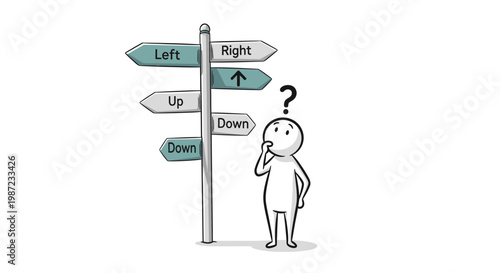 Stick figure at a directional sign crossroads.