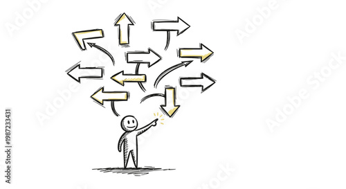 Stick figure with many arrows pointing different directions in confusion.