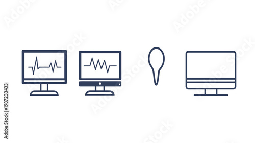 A white backdrop showcases a minimalist composition of medical equipment and icons
