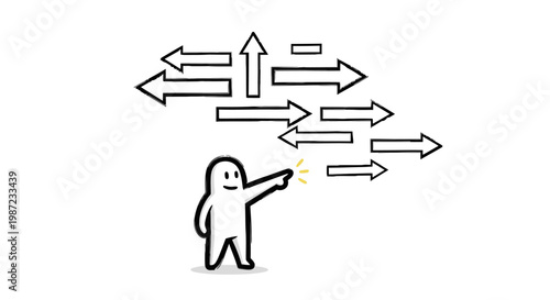 A cartoon character pointing at multiple arrows.