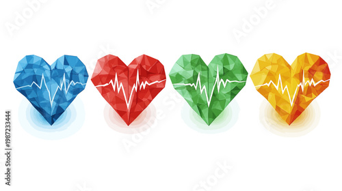 Four colorful, stylized hearts with EKG lines on a white background. Each heart is a different color