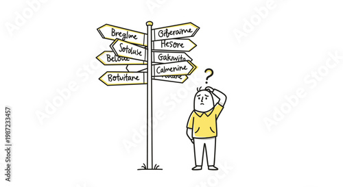 A cartoon man confused at a signpost.