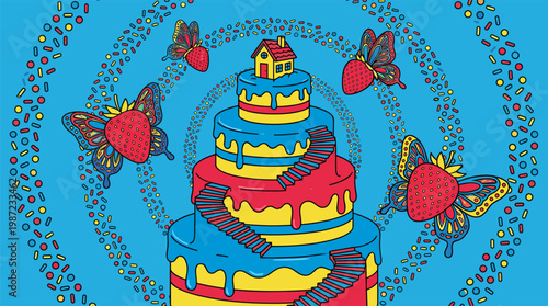Melting Layered Cake with Tiny Cottage and Butterfly Strawberries Pop Surrealism Flat Illustration with Bold Outlines