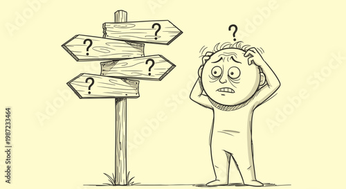 Confused man at a crossroads with question marks.