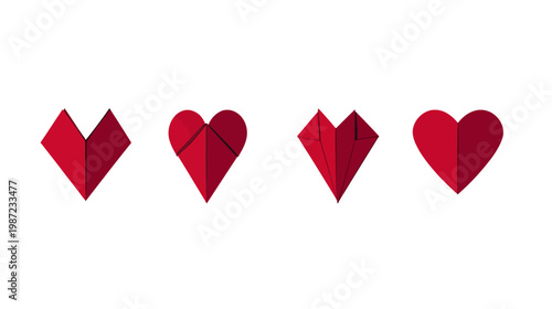 Four stylized red hearts displayed on white background, showcasing different paper folding techniques