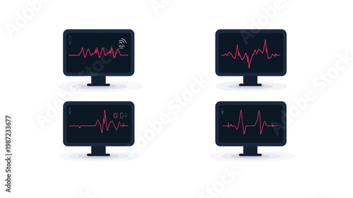 Four stylized computer monitors displaying different waveforms on black screens