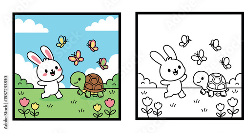 Cute Cartoon Bunny and Turtle with Butterflies in a Field - Happy Animal Friends