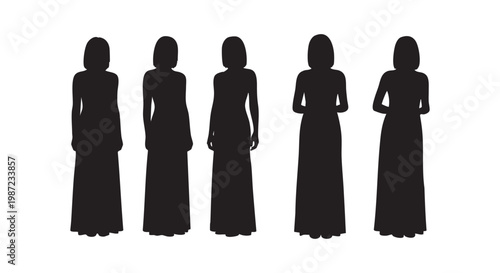 Women in elegant dress silhouettes, collection of female figures, long gown fashion, formal attire, beauty.