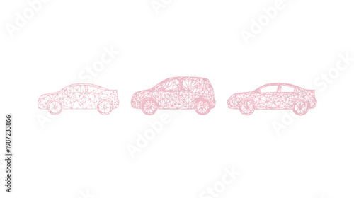 Three pink wireframe car silhouettes on a white background, representing different vehicle types