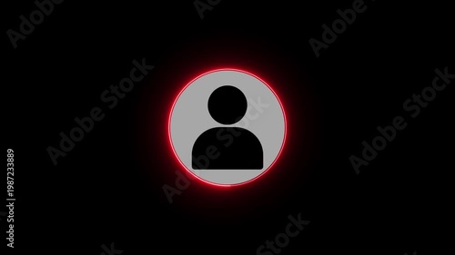 Abstract user profile icon animation on dark background with glowing red circle effect.
