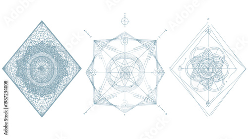 Three geometric intricate designs featuring squares, circles, lines, and complex interconnected patterns