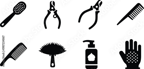 hair care and grooming silhouette vector set featuring hair brush comb scissors nail clipper pliers lotion bottle and glove icons isolated on white background