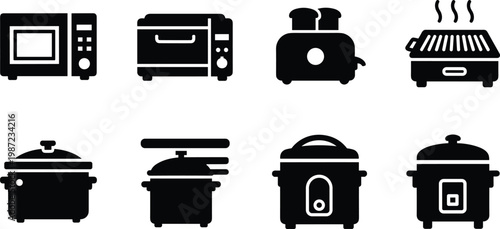 kitchen appliances silhouette vector set featuring microwave oven toaster grill cookware pressure cooker and rice cooker icons isolated on white background