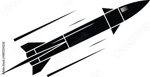 Rocket missile, silhouette illustration, isolated black and white vector icon of space projectile representing military launch aerospace technology and defense design.