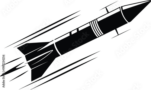 Rocket missile, silhouette illustration, fast flying space projectile icon in black and white military launch design for aerospace technology and weapon symbol concepts.