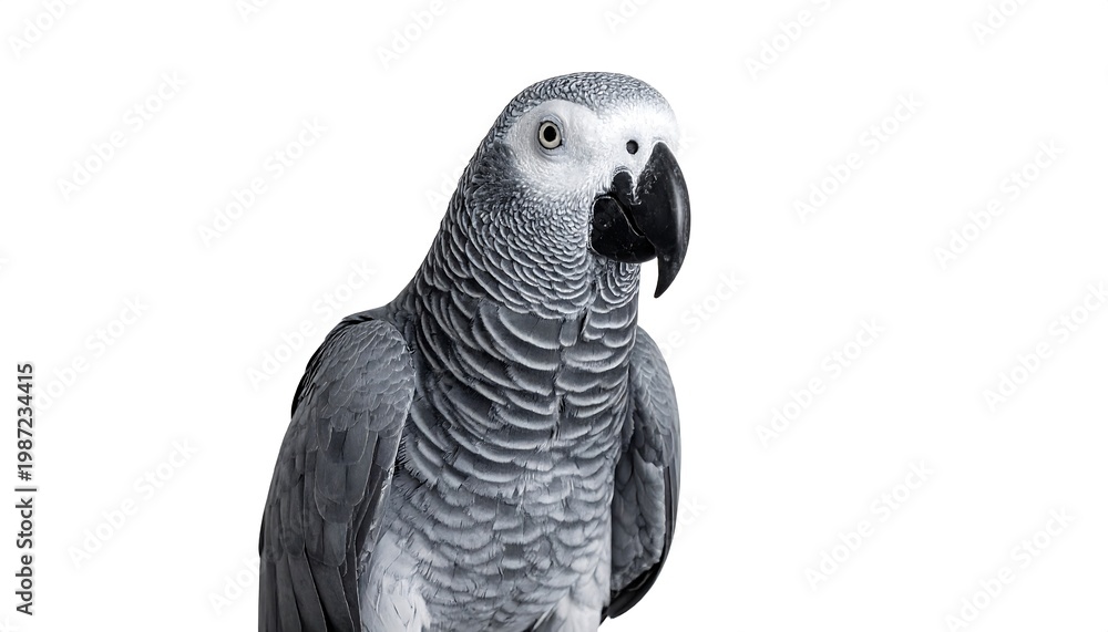 Fototapeta premium An isolated portrait of a parrot, captured in monochrome. The bird's features are highlighted against a clean white background