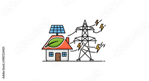 House with solar panel and power lines.