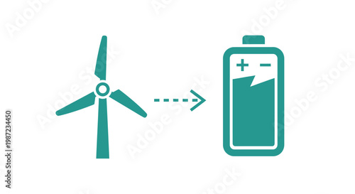 Wind turbine charges battery symbol.